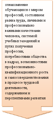 Выноска со стрелкой вниз: ознакомление обучающихся с миром профессий, состоянием рынка труда, личными и профессионально важными качествами человека, системой учебных заведений и путях получения профессии, потребностями общества в кадрах, возможностями профессионально-квалификационного роста и самосовершенствования в процессе трудовой деятельности, содержанием и перспективами развития 