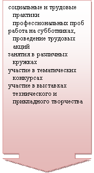 Выноска со стрелкой вниз: социальные и трудовые практики профессиональных пробработа на субботниках, проведение трудовых акцийзанятия в различных кружкахучастие в тематических конкурсахучастие в выставках технического и прикладного творчества