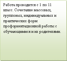 Подпись: Работа проводится с 1 по 11 класс. Сочетание массовых, групповых, индивидуальных и практических форм профориентационной работы с обучающимися и их родителями.